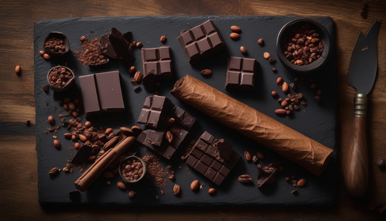 Dark chocolate squares arranged beside a cigar with cocoa nibs scattered on a wooden board