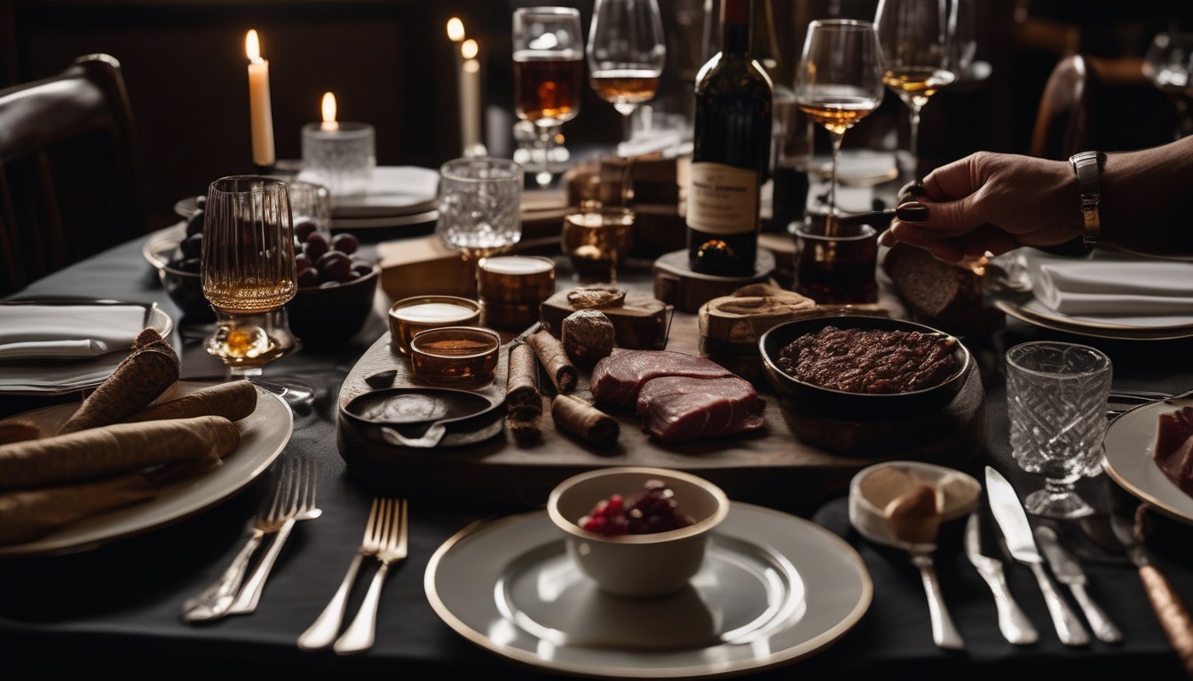 Elegant dinner table setting with cigars, whiskey glasses, and a charcuterie spread