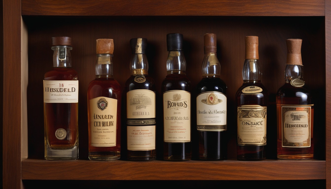 Four Scotch bottles arranged with their paired cigars on a mahogany shelf