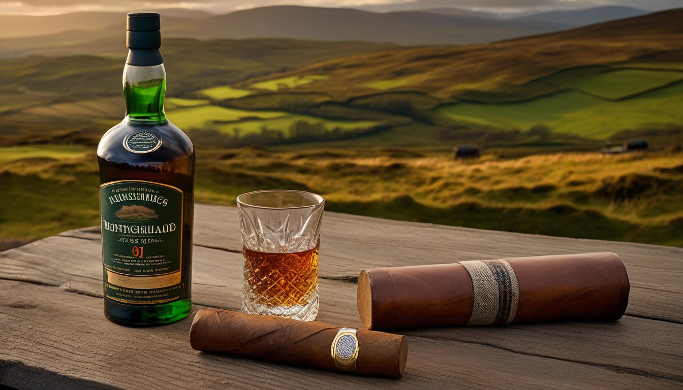 Scotch whisky bottle with a cigar on a weathered oak table with a tartan cloth