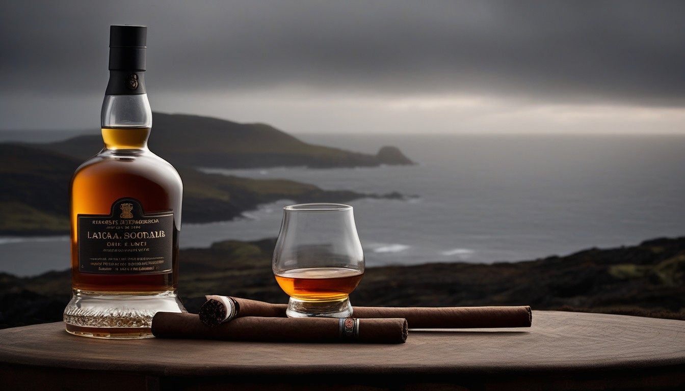 Islay scotch in a Glencairn glass with a full-bodied cigar and peat smoke rising