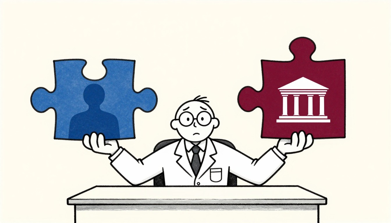 Cartoon researcher holding separate puzzle pieces showing a human silhouette and a government building.