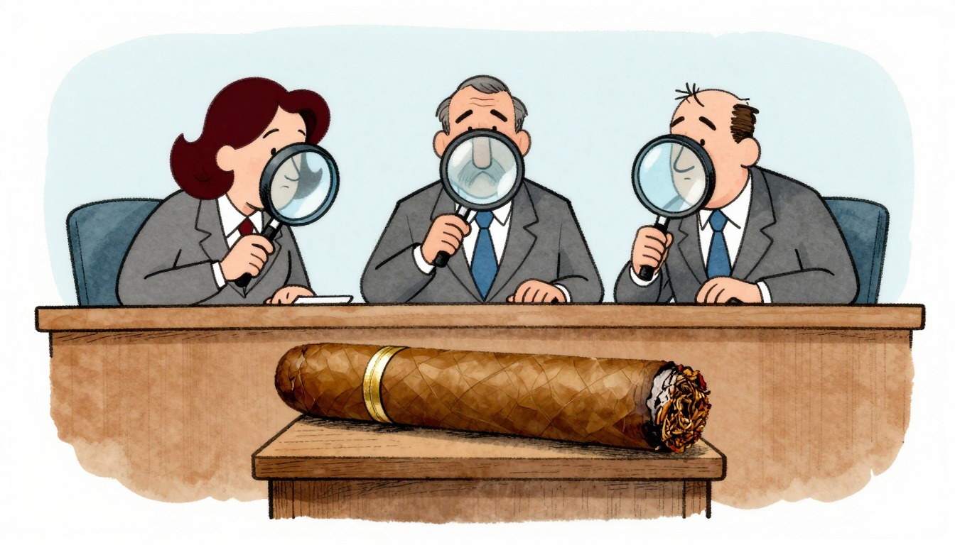 Three fictional lawmakers examine a cigar exhibit through oversized magnifying glasses.