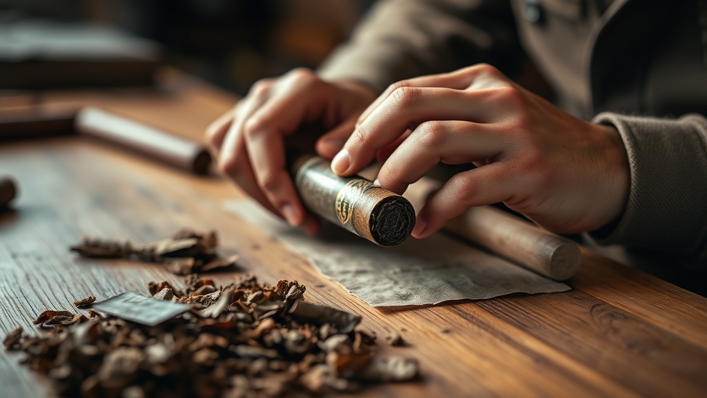 Skilled hands rolling a premium cigar at a wooden table using the traditional torcedor technique