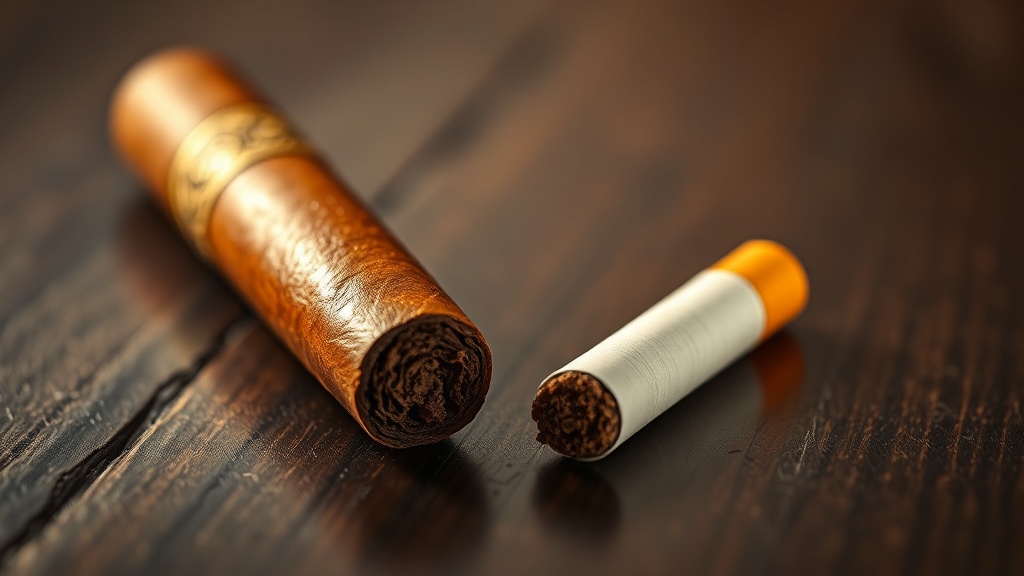 A premium hand-rolled cigar next to a factory cigarette, showing the dramatic size and construction difference