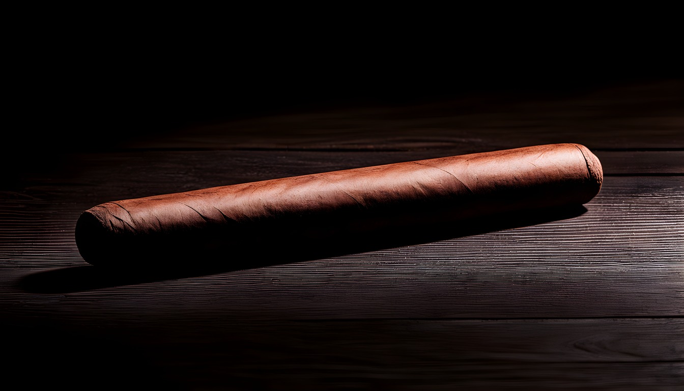 One unlit cigar lies alone on a dark wooden table, rounded cap at the left and a cut foot at the right