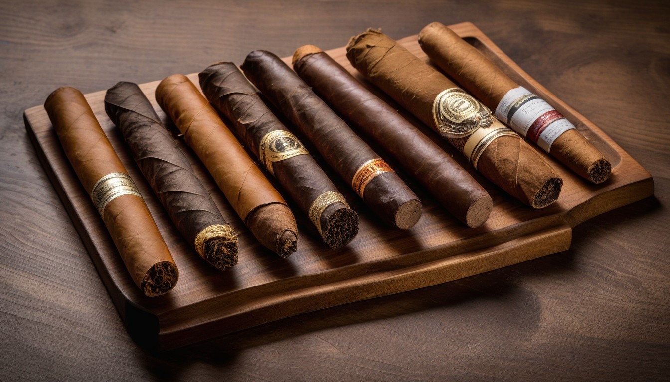 A tasting flight of four cigars from different origins arranged on a wooden board with tasting notes