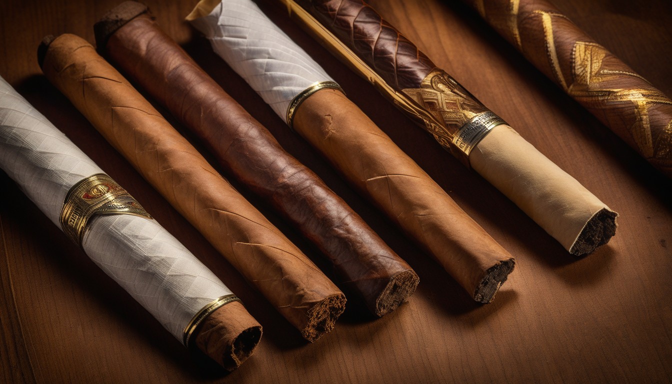 Four different cigars laid out side by side showing the variety of wrappers and construction from each origin