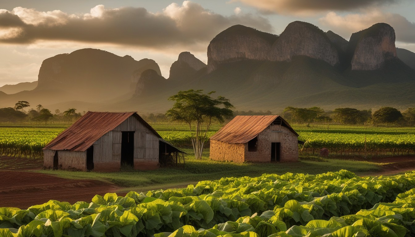 Cuban tobacco fields in Vinales valley with traditional drying barns