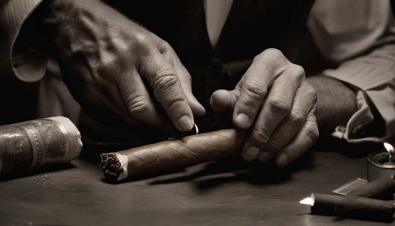 A cigar being carefully repaired with a torch lighter