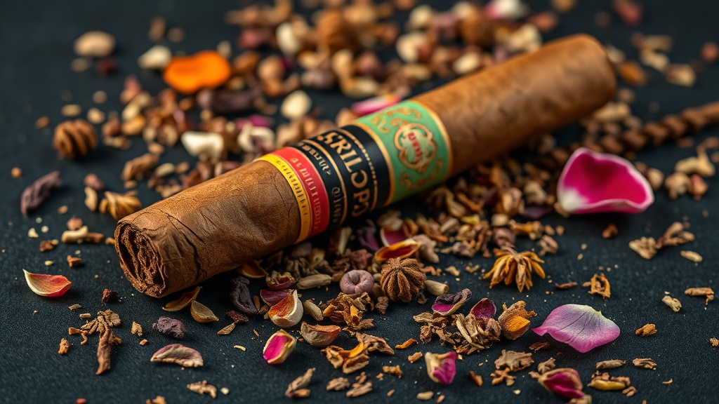Close-up of an infused cigar surrounded by dried herbs and botanicals