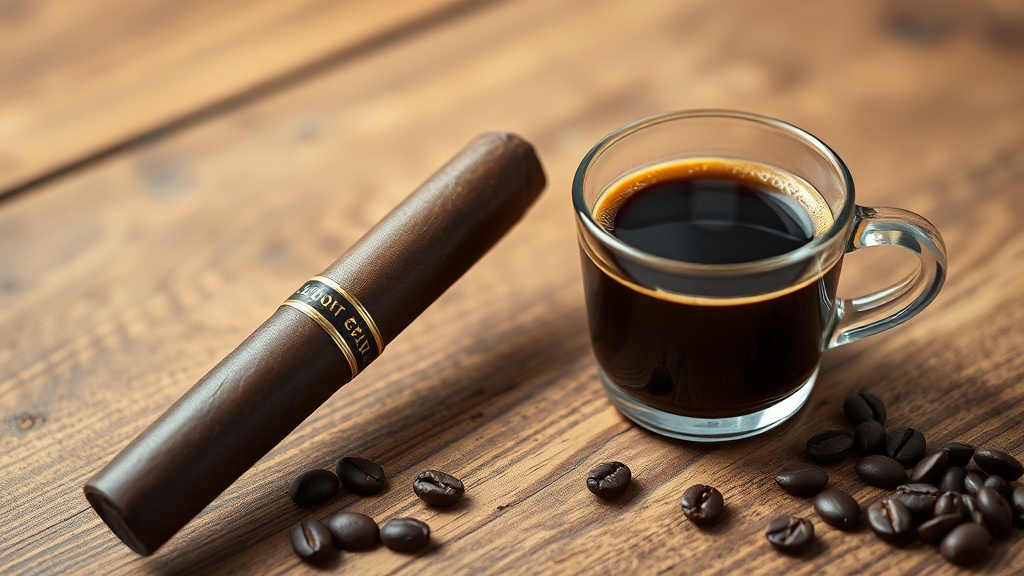 Dark maduro cigar paired with a steaming cup of espresso and scattered coffee beans