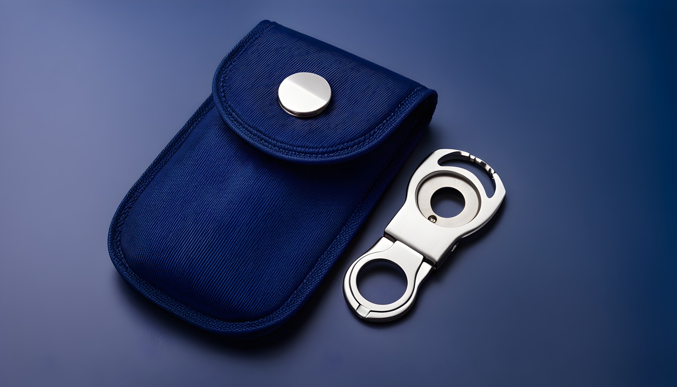 A metal cigar cutter secured beside a navy accessory pouch