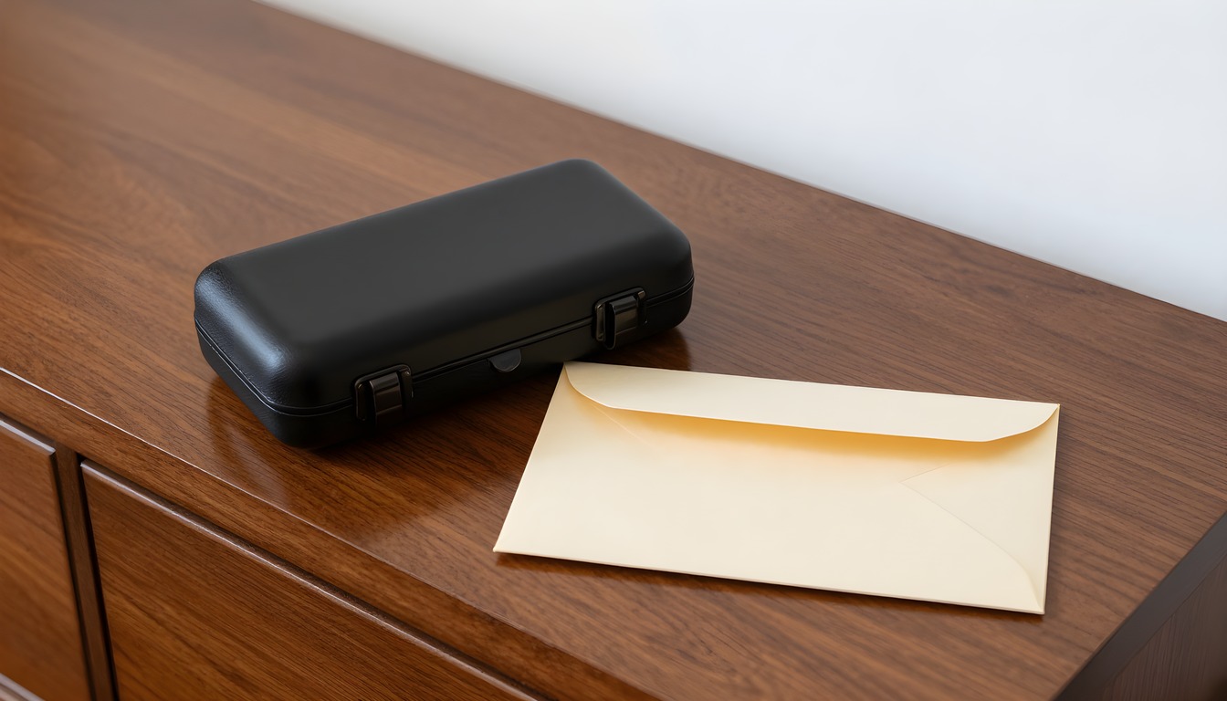 A closed cigar travel case beside a plain envelope on a table