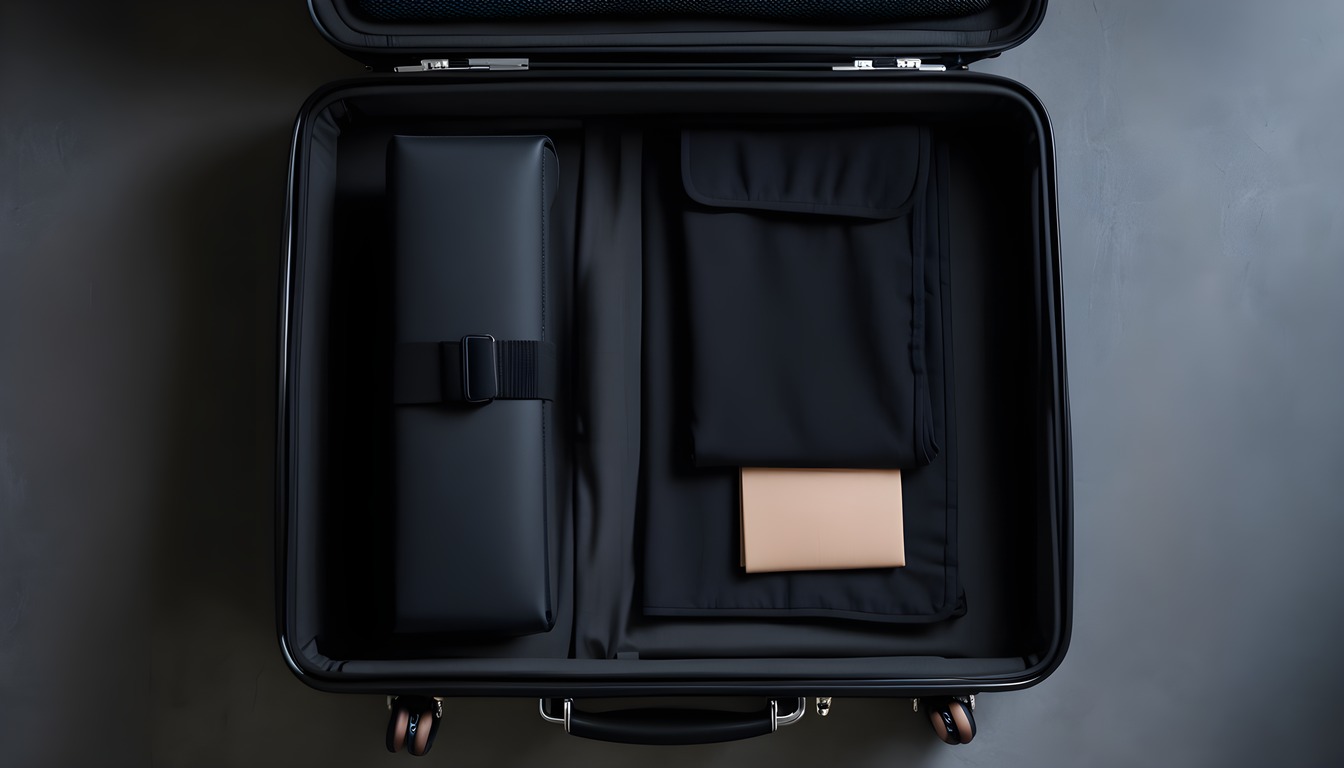 A dark cigar travel case placed inside an open carry-on suitcase