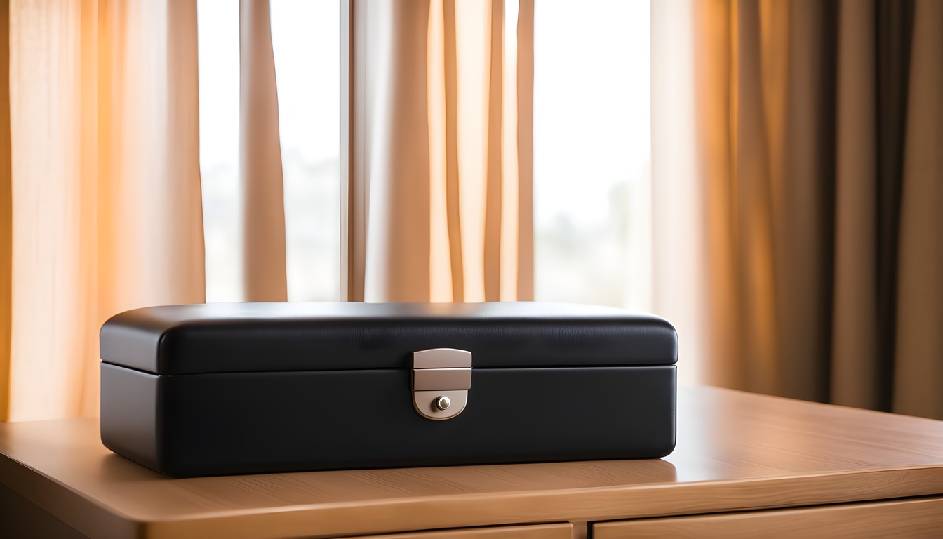 A closed black travel case on a plain desk at a destination