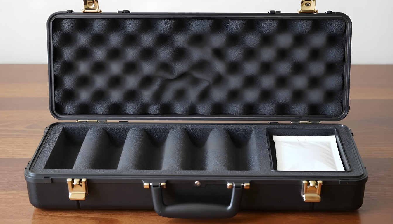 An empty rigid travel case with foam protection ready to be packed