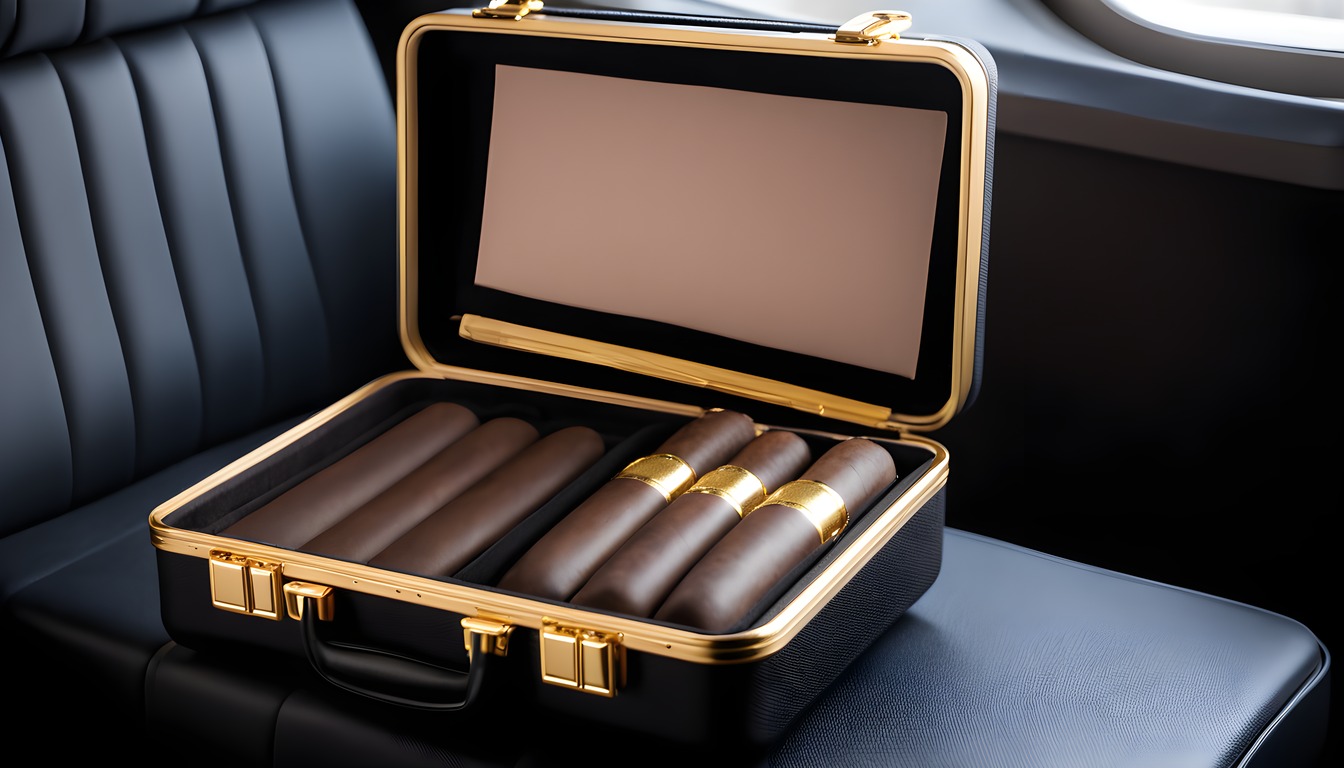 Six cigars fitted in an open travel case on a dark lounge seat