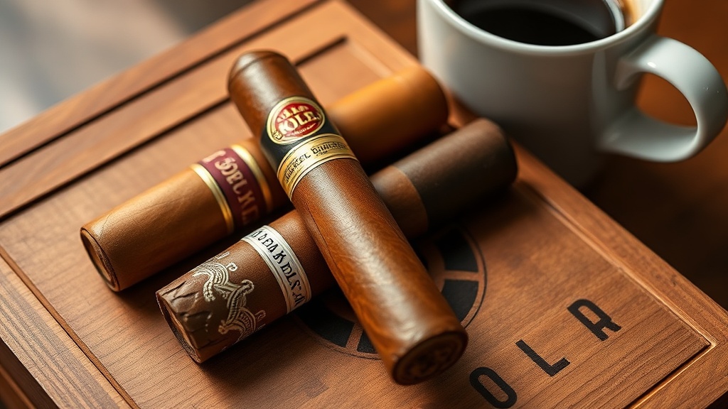 Lineup of affordable premium cigars on a wooden bar surface