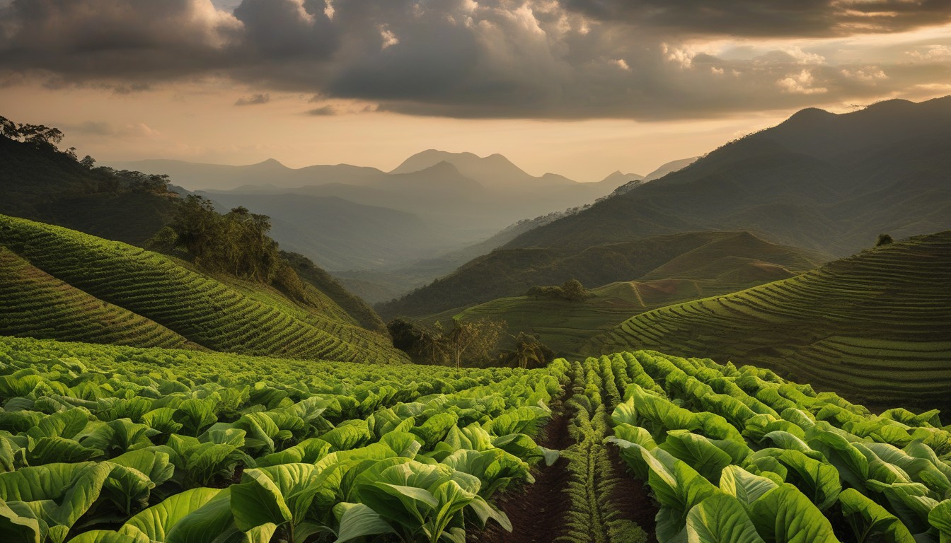 Honduran tobacco fields with mountain backdrop in the Jamastran Valley