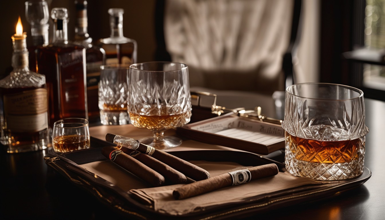 Cigar tasting setup with drinks, tasting notes sheets, and accessories