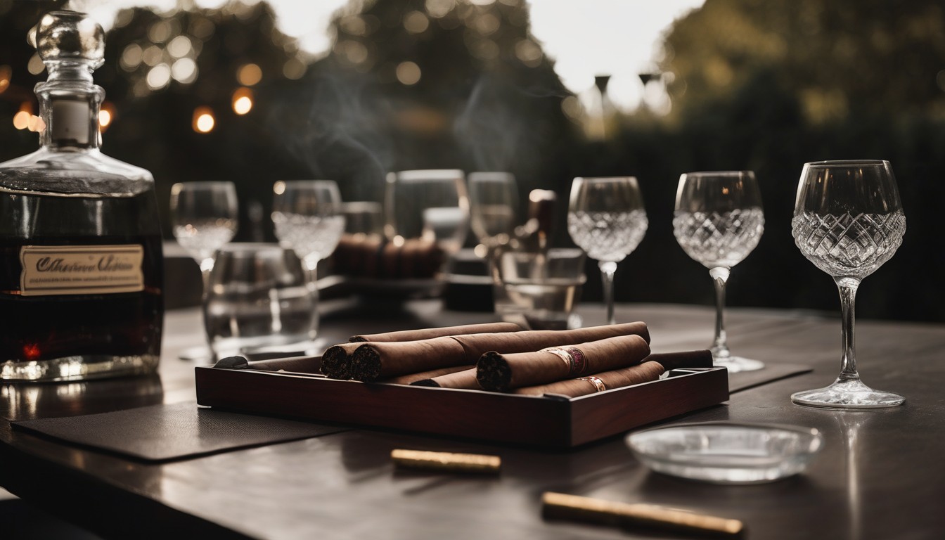 An outdoor cigar tasting setup with seating and proper lighting