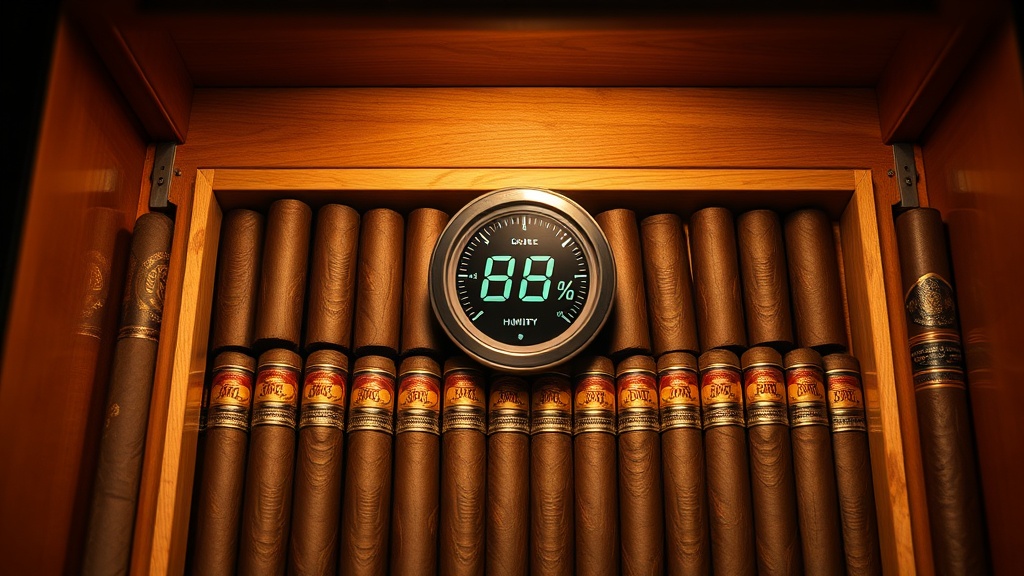 Properly stocked humidor with hygrometer showing ideal humidity levels