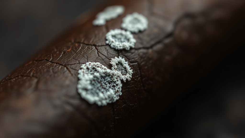 Close-up of white spots on a cigar wrapper that could be mold