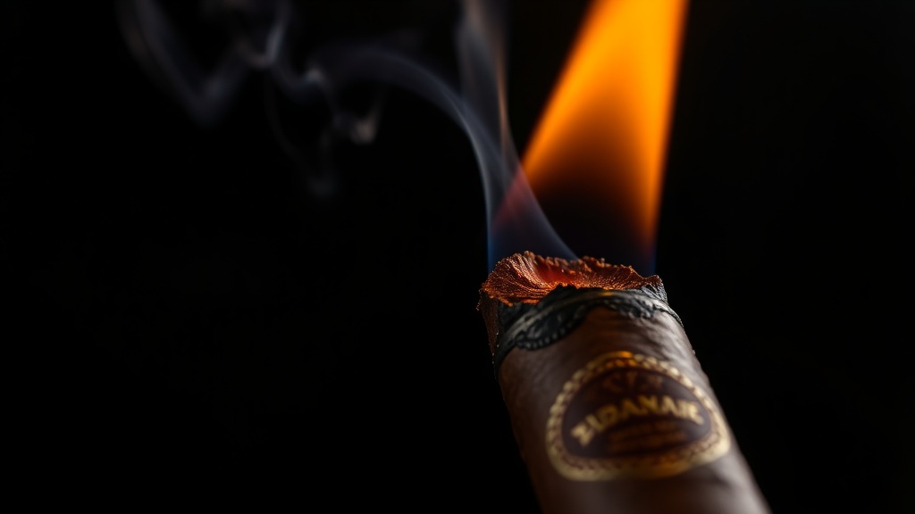 Close-up of a cigar burning with a long intact ash