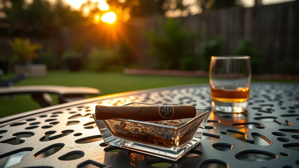 Relaxed outdoor smoking scene with cigar in ashtray at golden hour