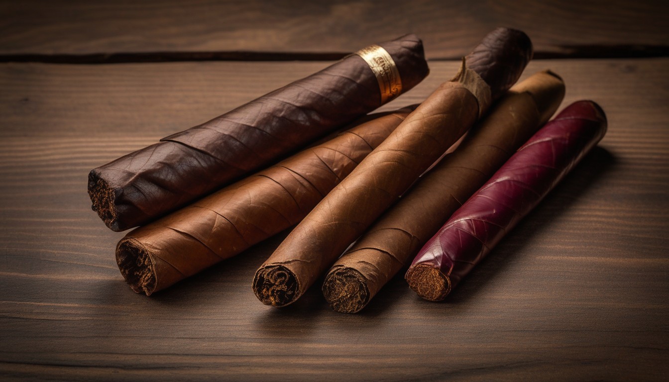 Five cigars arranged by price point from budget to premium on a wooden surface