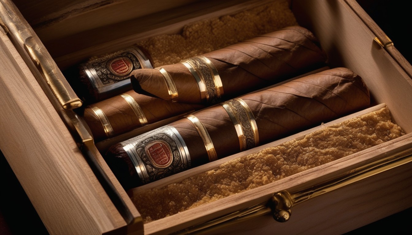 Premium cigar in a cedar-lined box showing aging and quality construction details