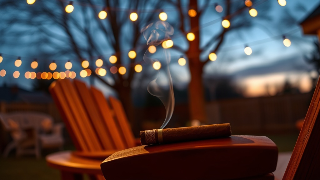 Evening backyard scene with string lights and a cigar on a cedar rest