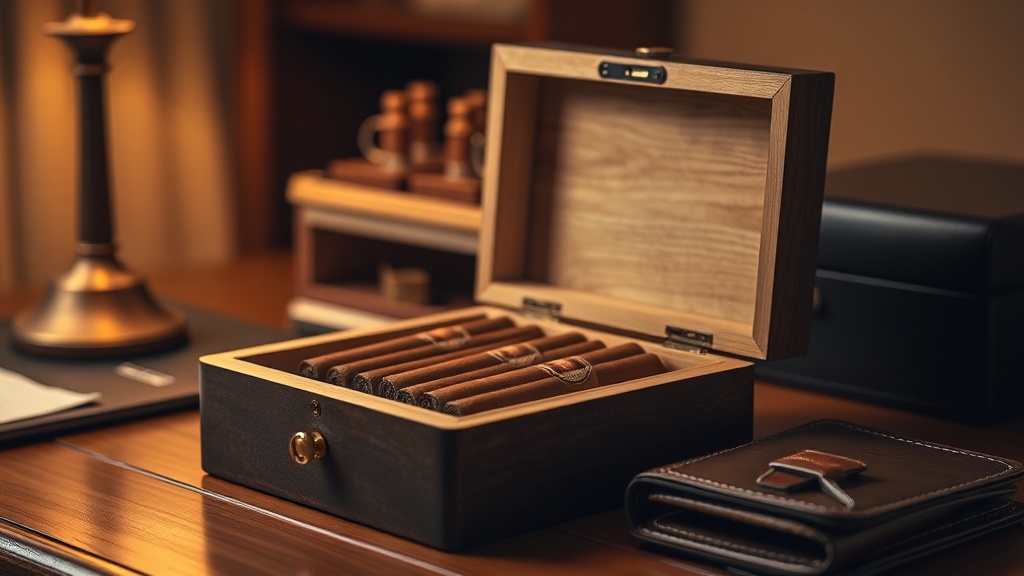 Open humidor with premium cigars next to a wallet