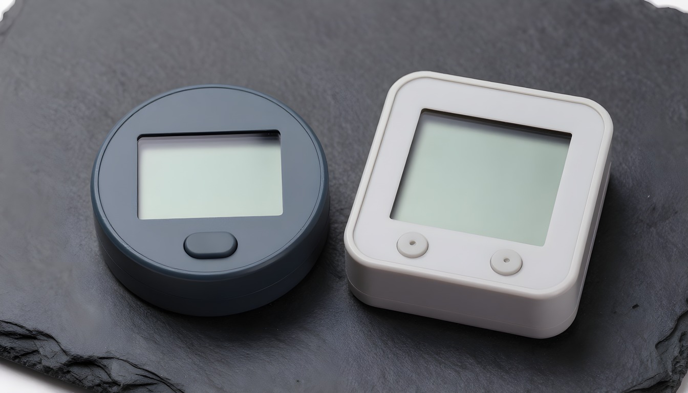 Two unmarked blank-display hygrometers arranged side by side
