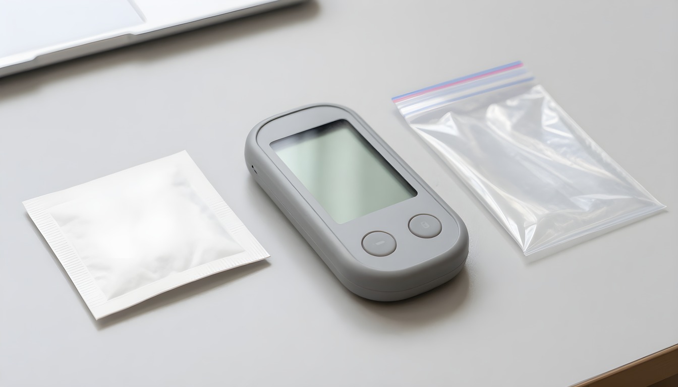 A blank-display digital hygrometer beside a plain white sachet and clear calibration bag