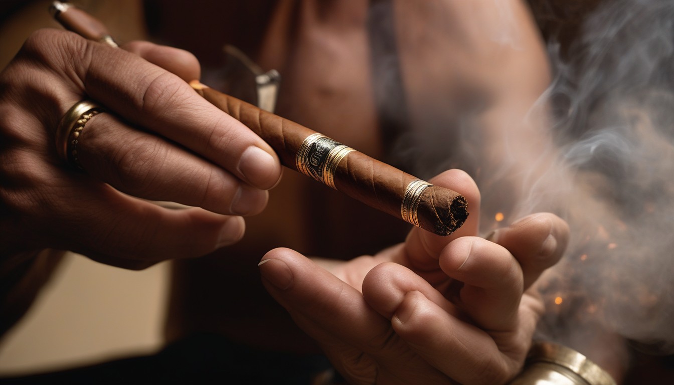 Properly lighting a cigar with a torch lighter, showing the toasting technique