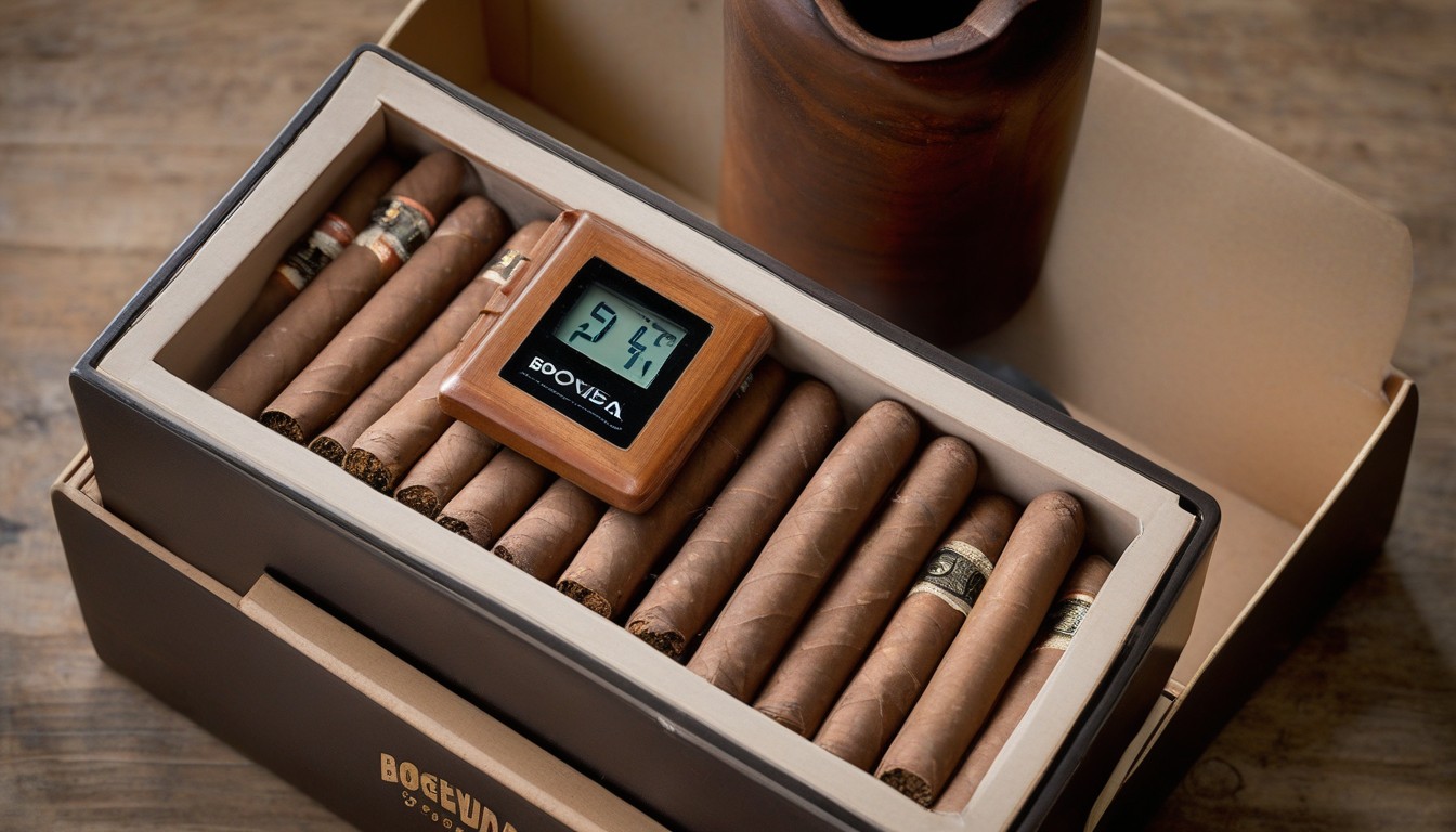 Boveda humidity packs arranged with cigars in a sealed container showing the step-up method