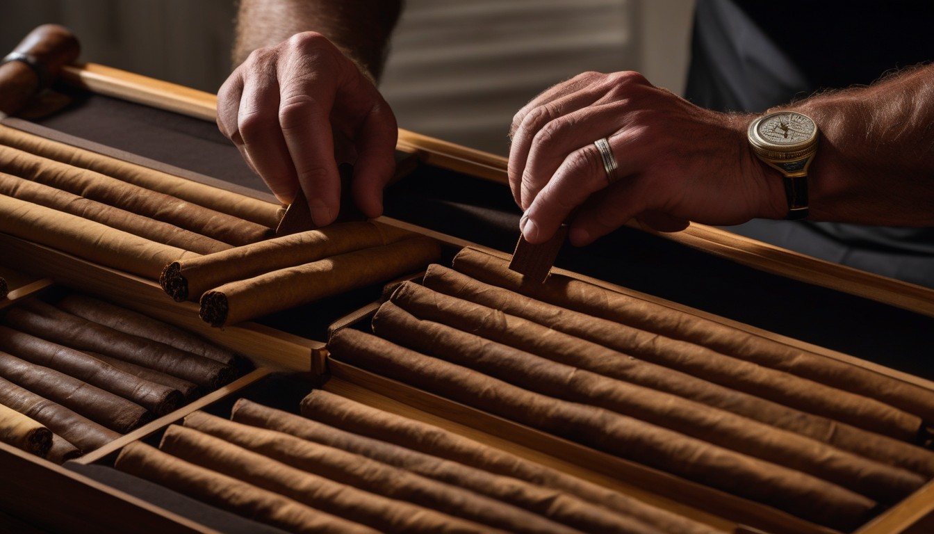 Cigars being placed into a freshly seasoned humidor ready for storage