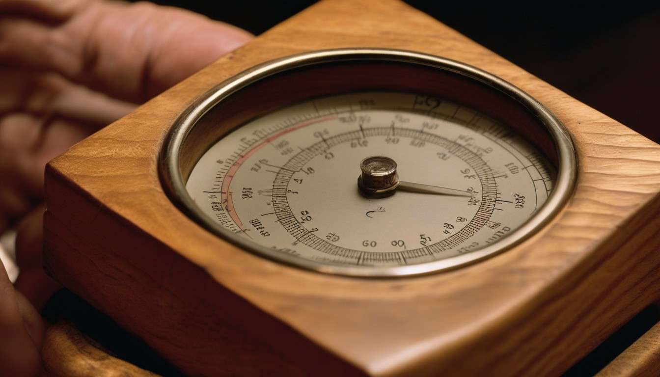 A hygrometer showing ideal humidity reading inside a properly seasoned humidor