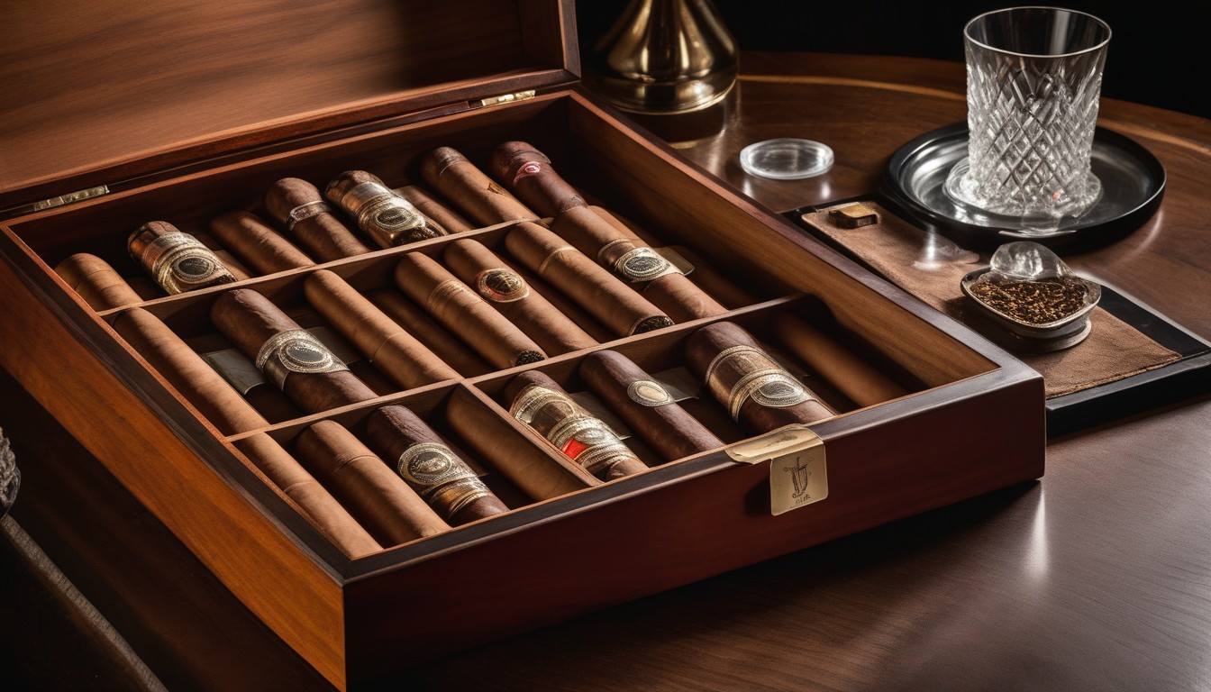 A well-maintained cedar humidor open to show organized cigar storage