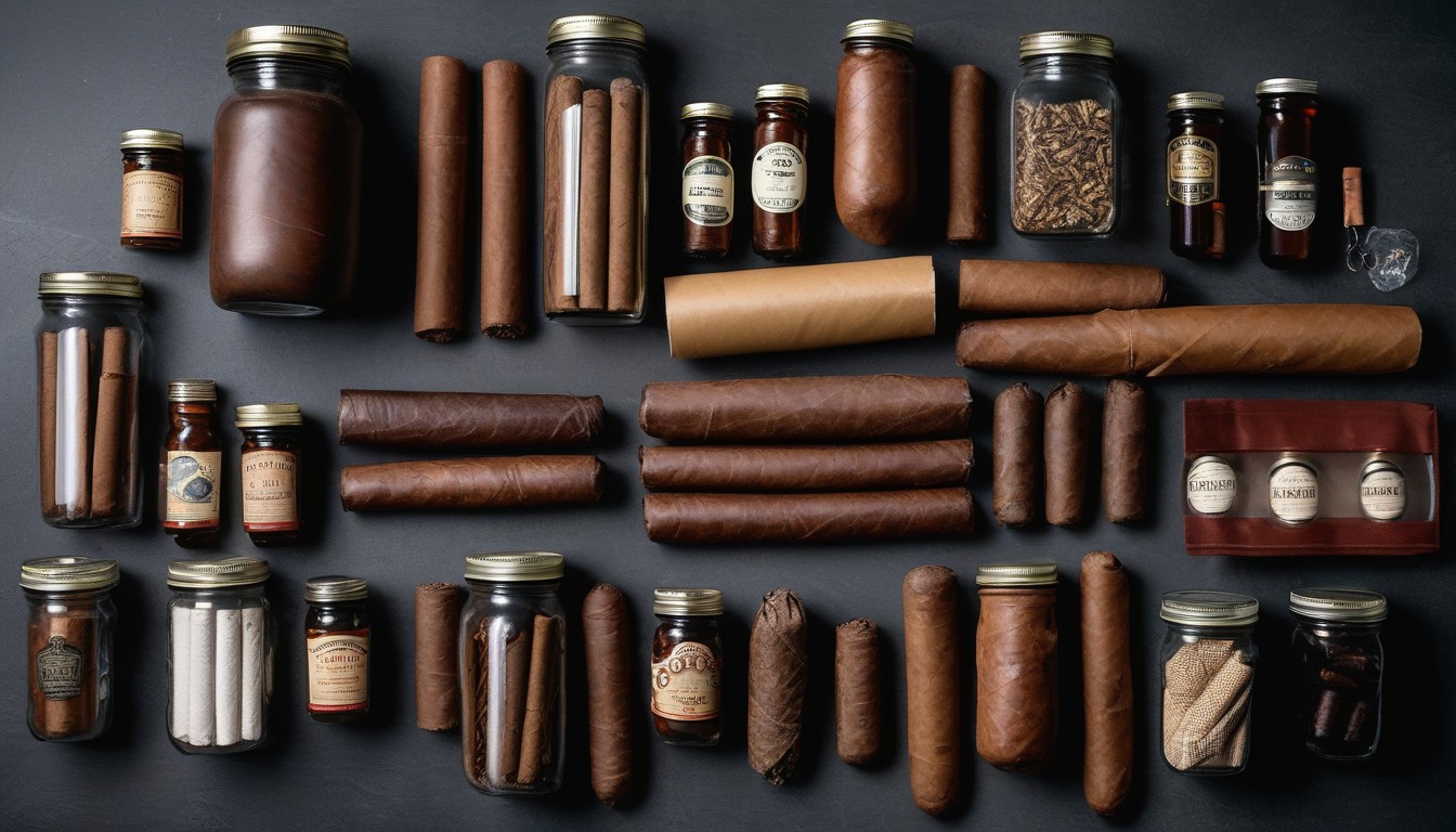 Various cigar storage methods including ziplock bags, mason jars, and Boveda packs arranged on a table