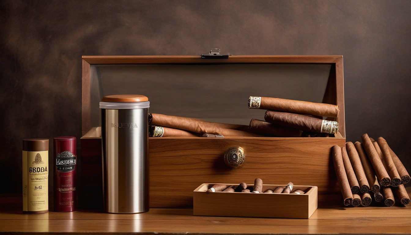 A Tupperware container set up as a tupperdor with Boveda packs and cigars inside