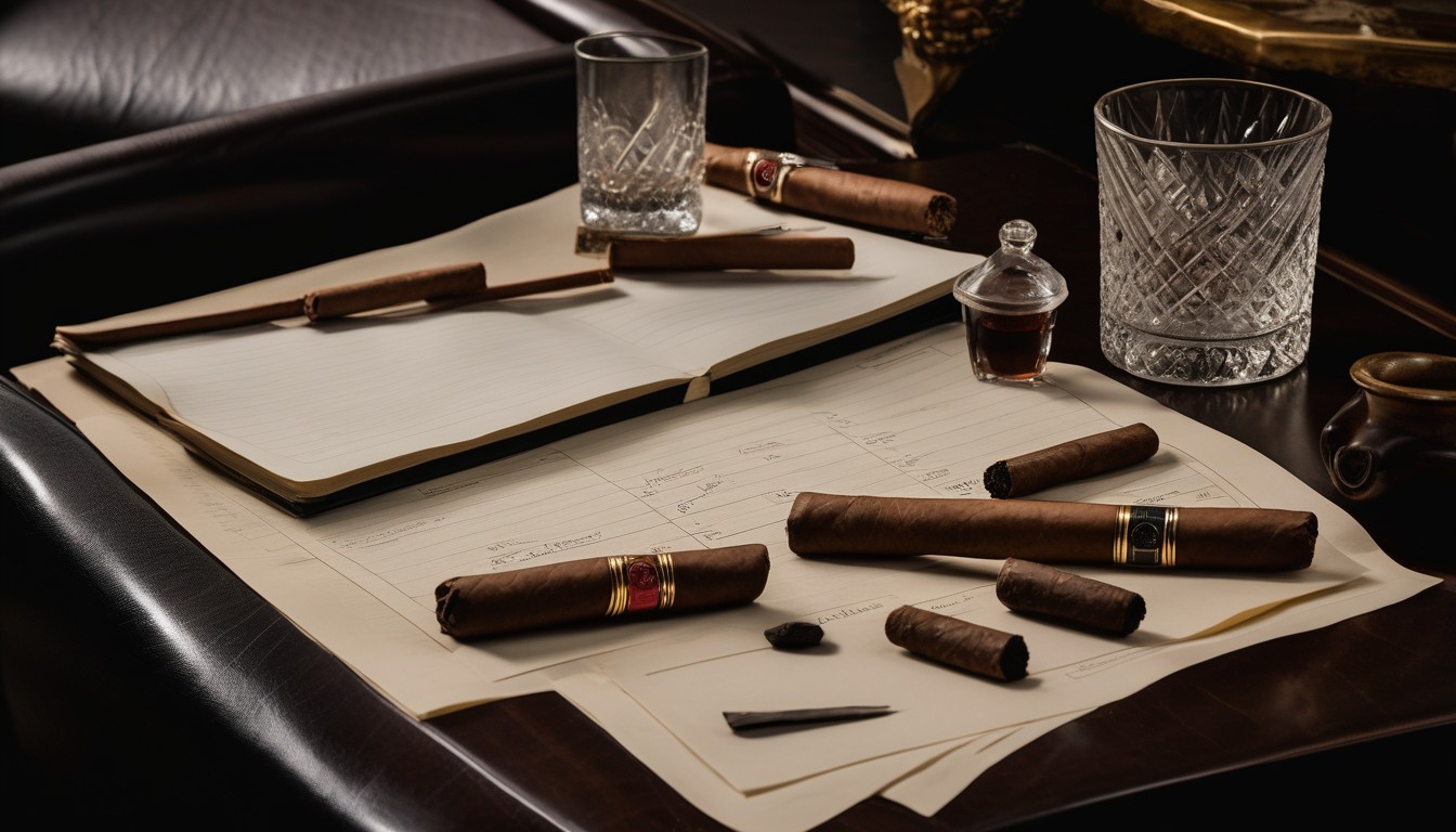 A cigar tasting setup with journal, ashtray, and properly rested cigars