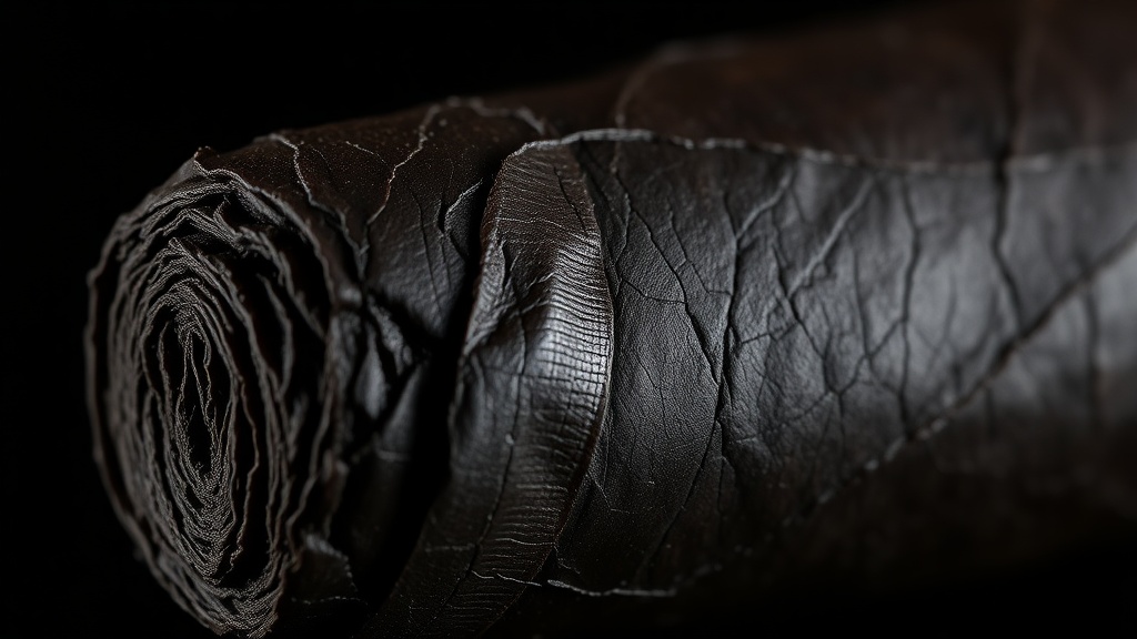 Extreme close-up of the dark Connecticut Broadleaf wrapper showing its oily sheen and rustic texture