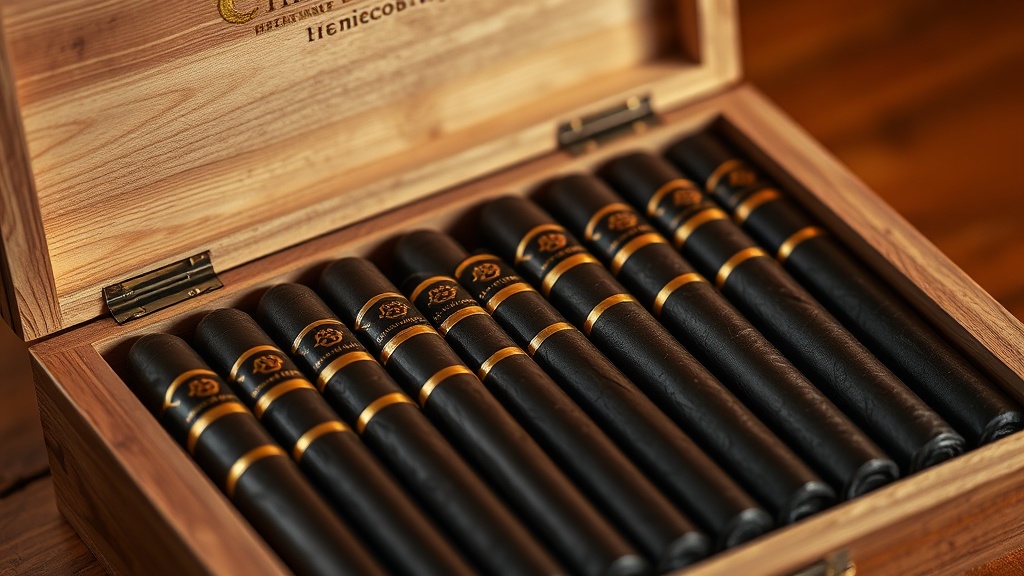 Open box of Le Bijou 1922 cigars showing neatly arranged dark Oscuro sticks in a wooden box