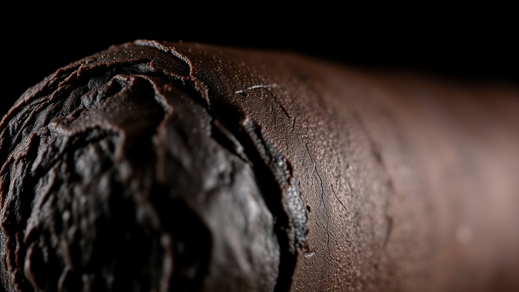 Close-up of the dark maduro box-pressed construction showing the oily chocolate brown wrapper