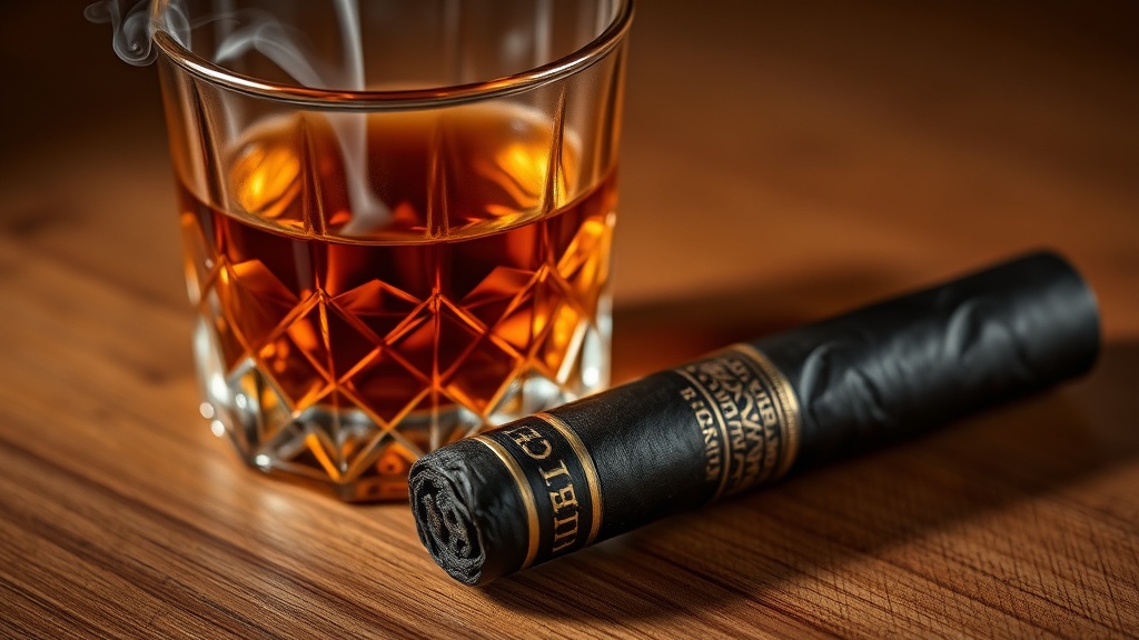 Premium dark cigar paired with a glass of aged rum in warm bar lighting