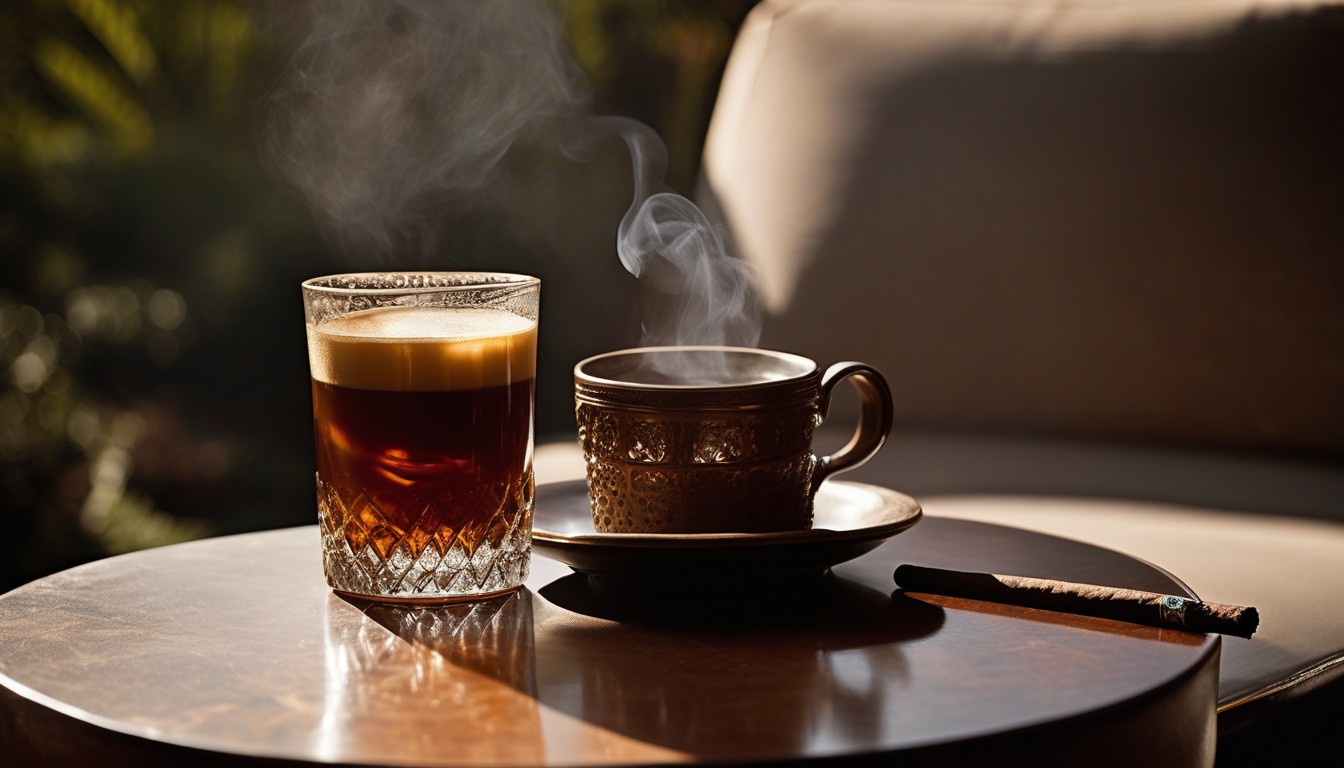 A fresh cup of coffee beside a cigar on a morning patio setting