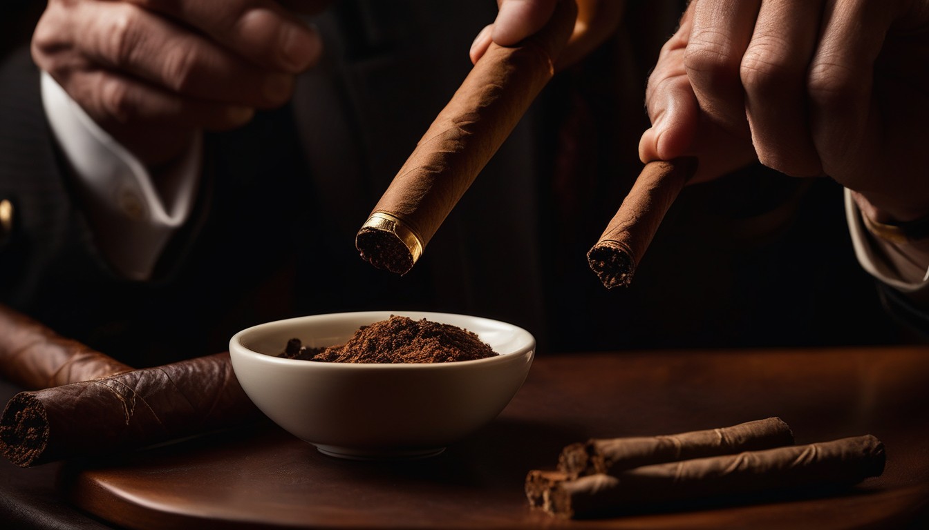 Dark roast espresso being poured alongside an aged cigar